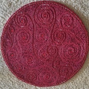 KIM SEYBERT RED CHRISTMAS HOLIDAY SCROLL BEADED 14" ROUND PLACEMAT CENTERPIECE
